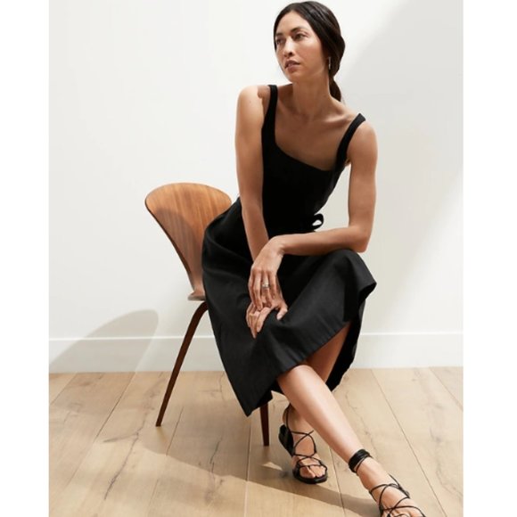 NWT BanR Linen Cotton Sq Neck Dress 14P Black F447 - Picture 1 of 5